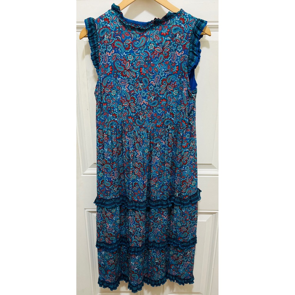 J.Jill Blue Paisley Tiered Ruffle Midi Dress Sleeveless V-Neck Petite‎ Medium - Picture 5 of 7